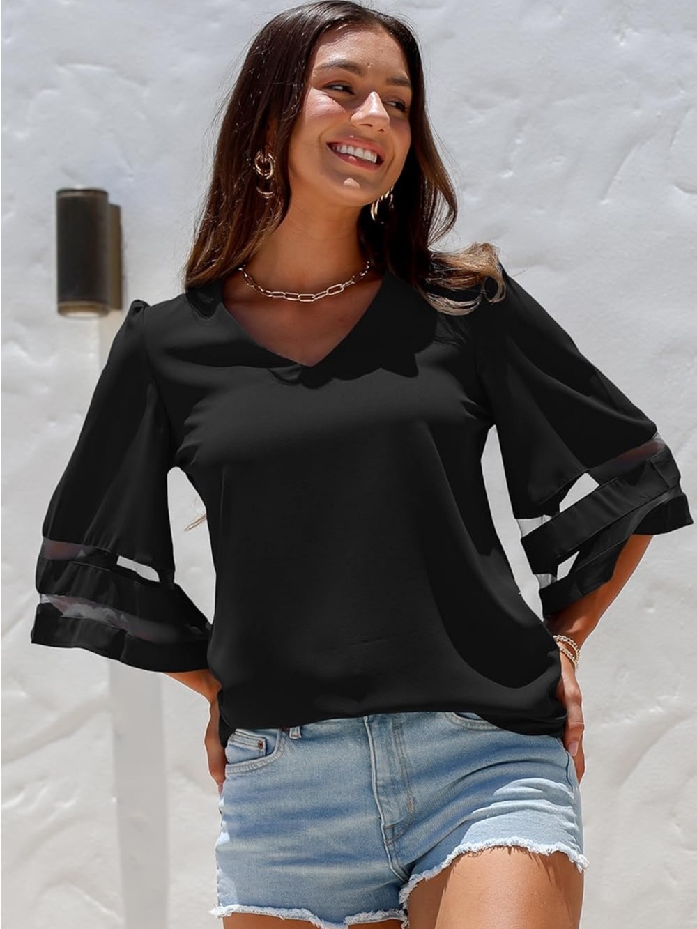 Women's Black V-Neck Sheer-Trim 3/4 Bell Sleeve Blouse